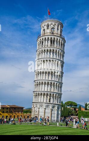 le campanile, le clocher autonome de la cathédrale de Pise sur la Piazza dei Miracoli, l'emblématique Tour penchée de Pise, Toscane, Italie Banque D'Images