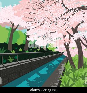Affiche vectorielle sakura Alley en fleurs dessinées à la main Illustration de Vecteur