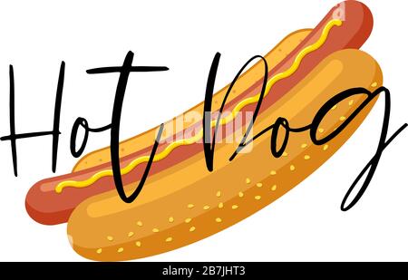 Cartoon fast food hotdog avec lettering restaurant menu publicité modèle de conception. Illustration de la promotion saucisse hot dog dans du pain avec vecteur plat isolé à la moutarde Illustration de Vecteur