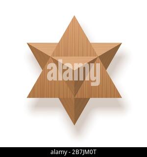 Étoile tétraèdre, Merkaba, Mer-Ka-Ba, octaèdre stellaire, stella octangula, extension tridimensionnelle de l'étoile de David. En bois texturé. Banque D'Images