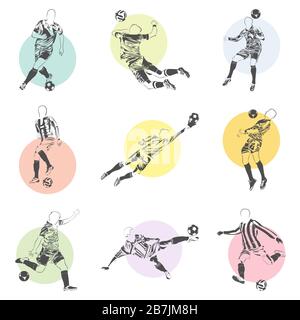 le jeu vectoriel de joueurs de football (soccer) illustre des icônes avec des éléments d'affiche colorés sur fond Illustration de Vecteur