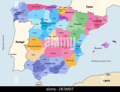 Les communautés autonomes et les provinces espagnoles ont une carte vectorielle avec les pays et territoires voisins Illustration de Vecteur