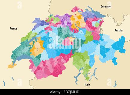 Suisse carte vectorielle montrant les cantons, les districts et les frontières municipales, colorée par les cantons et à l'intérieur de chaque canton par les distractions Illustration de Vecteur