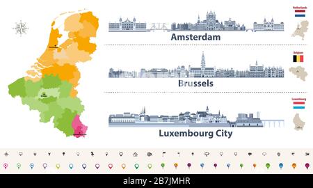 Carte des régions vectorielles de la Belgique, des Pays-Bas et du Luxembourg. Lignes de style plat Amsterdam, Bruxelles et Luxembourg City dans une palette de couleurs bleu foncé Illustration de Vecteur