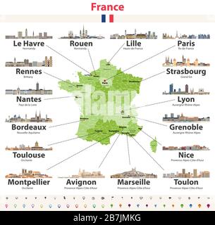Carte vectorielle de la France avec ses principales villes. Villes françaises gratte-ciel icônes Illustration de Vecteur