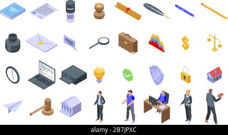 Ensemble d'icônes de notaire, style isométrique Illustration de Vecteur