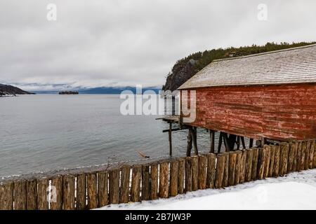 Stage, utilisé pour la maison du matériel de pêche et le traitement des appâts et des poissons, dans l'ancien village de pêcheurs de Dunfield à Terre-Neuve, Canada [pas de mainlevée de propriété; Banque D'Images