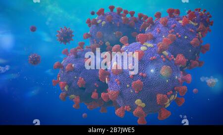 Éclosion du virus Covid-19, le coronavirus menaçant la santé - capable de causer la maladie de la grippe commune et aussi des maladies plus graves (science tridimensionnelle illustr Banque D'Images