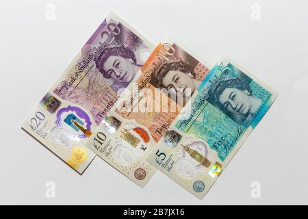 Monnaie britannique, nouvelles notes. Le nouveau polymère, plastique £5, £10 et £20 notes. Banque D'Images