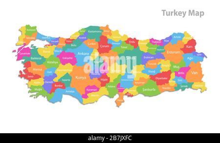 Carte de la Turquie, division administrative, régions individuelles séparées avec des noms, carte de couleur isolée sur fond blanc vectoriel Illustration de Vecteur
