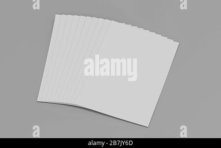 Pile de feuilles de papier DIN 4 blanches isolées en gris pour remplacer votre illustration de rendu tridimensionnelle Banque D'Images