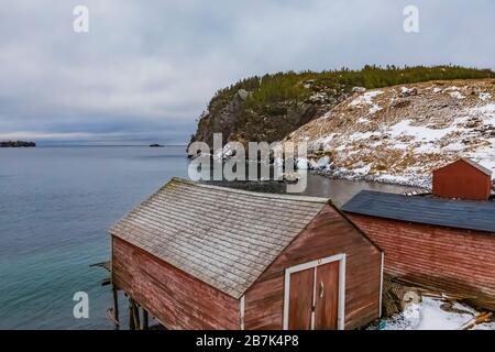 Étapes, utilisées pour la maison de l'équipement de pêche et le traitement des appâts et des poissons, dans l'ancien village de pêcheurs de Dunfield, à Terre-Neuve, au Canada [pas de mainlevée de propriété Banque D'Images