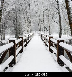 Vue à bas angle du pont couvert de neige sur la vallée de Yosemite Banque D'Images