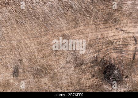 Texture de planche à découper avec marques de coupe de lame, macro shot. Ancienne surface de planche à découper tissée. Image d'arrière-plan en bois. Banque D'Images