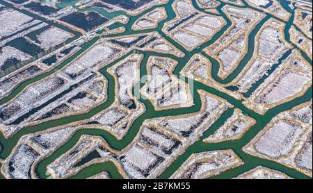 Vue aérienne de la zone humide près du lac de Hongze recouverte de neige, formant un remarquable labyrinthe composé de diverses figures géométriques, le comté de Sihong, le ciel suqien Banque D'Images