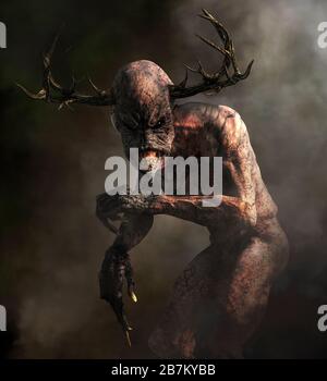 Un monstre horrifiant avec peau pâle, griffes longues, dents vives, et une tête allongée avec des fourmis éarge des brumes de nuit. Rencontrez le Wendigo. Banque D'Images