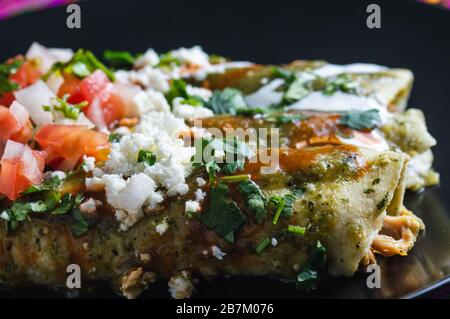 Enchiladas Verdes, ou enchiladas verts, tortillas remplis de poulet et recouverts de sauce verte, fromage et crème Banque D'Images