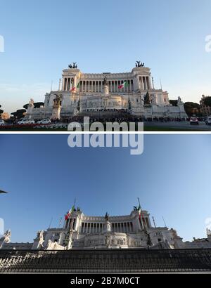 Rome. 16 mars 2020. La photo combinée montre la Piazza Venezia le 4 mars 2019 (top) et le 16 mars 2020 à Rome, Italie. L'Italie a déclaré le 31 janvier un état d'urgence de six mois en raison de la pandémie de coronavirus. Et un verrouillage national a été placé depuis le 10 mars jusqu'au 3 avril pour enrayer la propagation du virus. Crédit: Cheng Tingting/Xinhua/Alay Live News Banque D'Images