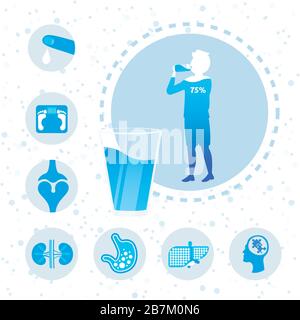 balance de l'eau dans les organes humains affiche avec jeune garçon silhouette de l'adolescent eau potable avantage infographie pleine longueur illustration vectorielle Illustration de Vecteur