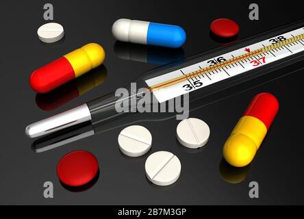 3D render of medical thermomètre et divers comprimés Banque D'Images