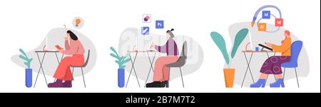 Illustration plate vectorielle de style de grands membres sur le lieu de travail pour le créateur féminin Illustration de Vecteur