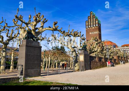 Darmstadt, Allemagne - mars 2020: Entrée à "Platanenhain", un parc public de bosquet d'arbres à hydravion dans la région de "Morthildenhöhe" au printemps Banque D'Images