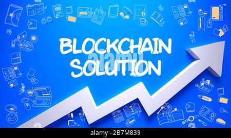Azure Wall avec inscription à la solution Blockchain et flèche blanche. Concept de réussite. Blockchain solution - concept de développement avec les icônes de conception de Doodle autour sur fond de surface bleu. Banque D'Images