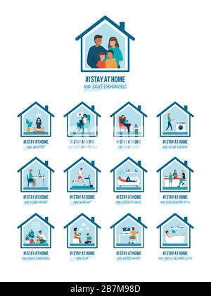 Je reste à la maison de sensibilisation campagne des médias sociaux et de prévention du coronavirus: Les gens et les familles font des activités différentes et soutiennent la cause Illustration de Vecteur