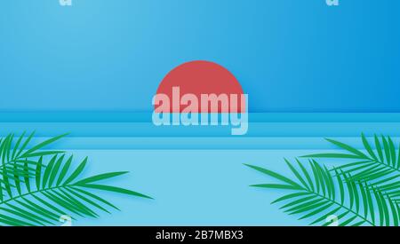 Affiche de vacances d'été ou bannière avec le soleil, la mer et les feuilles de palmier dans le style de coupe de papier. L'art numérique du papier artisanal et le minimum. Illustration de Vecteur