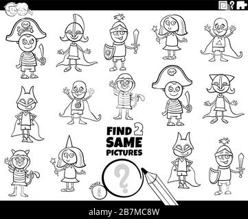 Black and White Cartoon Illustration de trouver deux mêmes images jeu éducatif pour enfants avec des personnages enfants drôles au Costume Party Colori Illustration de Vecteur