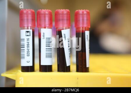 16 mars 2020, Saxe-Anhalt, Darlingerode: Des ampoules contenant des échantillons de sang provenant de donneurs de sang sont placées dans une salle d'événements à Darlingerode. La RDC demande des dons de sang. La peur du coronavirus a également un effet sur la volonté de donner du sang dans de nombreux États allemands. Selon le DRK, le nombre de donneurs de sang a diminué au cours des derniers jours. Photo : Matthias Bein/dpa-Zentralbild/dpa Banque D'Images
