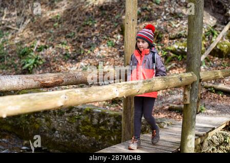 Les enfants randonnée dans les montagnes ou dans les bois lors d'un voyage en famille. Famille active, parents et enfants alpinisme dans la nature. Les enfants marchent dans les bois Banque D'Images