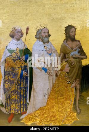 Le diptyque Wilton, vers 1395, artiste inconnu, Richard II pétrir, gauche St Edmund, milieu St Edward le Confesseur, droite St Jean le Baptiste, Banque D'Images