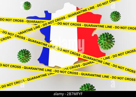 Éclosion de coronavirus et coronavirus influenza 2019-ncov sur un drapeau national ondulé de la France. Rendu très détaillé en relief ondulé. Banque D'Images