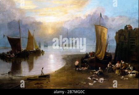 Le soleil monte à travers la vapeur, les pêcheurs qui nettoyaient et vendent du poisson, JMW Turner, 1807, Banque D'Images