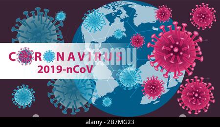 Bannière coronavirus pour la sensibilisation et l'alerte contre la propagation de la maladie, les symptômes ou les précautions. La conception du virus Corona avec une eath infectée et un virus microscopique Illustration de Vecteur