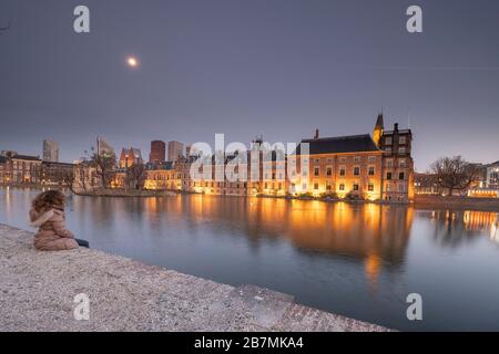 La Haye - 17 février 2019 : la Haye, les Neherlands. Le château de Binnenhof, parlementaire néerlandais, avec l'hofvijver, une jeune femme aux cheveux bruns est Banque D'Images