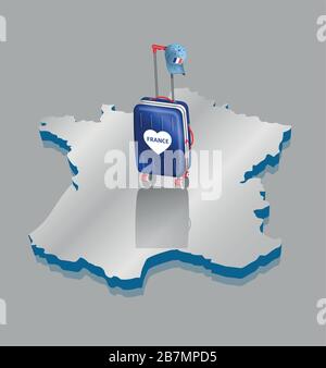 Sac à roulettes avec capuchon français sur la carte de la France tridimensionnelle pour le voyage. Tous les objets se trouvent dans des couches différentes et les types de texte n'ont pas besoin de police. Illustration de Vecteur