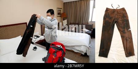 (200317) -- WUHAN, 17 mars 2020 (Xinhua) -- la photo combinée montre le personnel médical Lyu Liang du deuxième hôpital Xiangya de l'Université centrale du Sud, mettant son pantalon qu'il a sué à Wuhan dans les bagages, et le pantalon délavé, avant son départ à Wuhan, dans la province de Hubei en Chine centrale, 17 mars 2020. Le pantalon était décoloré en raison de l'utilisation de désinfectants. Mardi, 29 médecins staffers du deuxième hôpital Xiangya de l'Université centrale du Sud devraient quitter Hubei et retourner à Changsha de la province de Hunan. Le premier lot d'équipes d'assistance médicale a commencé le leav Banque D'Images