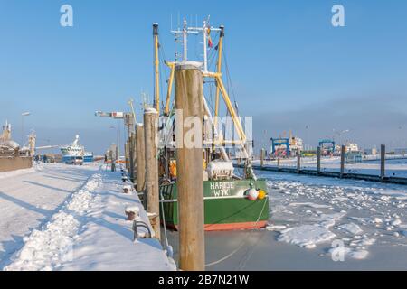 Habour recouvert de glace en hiver extrêmement froid, île de Föhr, Mer du Nord, Patrimoine mondial de l'UNESCO, Frise du Nord, Schleswig-Holstein, Allemagne du Nord, Europe Banque D'Images