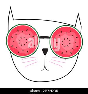 Chat mignon dessiné à la main avec illustration vectorielle de lunettes de soleil de pastèque Illustration de Vecteur