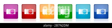 Ensemble d'icônes d'appareil photo sans miroir, illustrations vectorielles carrées brillantes colorées pour la photographie en 6 options pour la conception Web et les applications mobiles Illustration de Vecteur