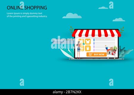 Concept de shopping en ligne, la petite femme se tient près du panier devant l'ordinateur portable qui contient la liste des produits, la description, l'évaluation de la clientèle. Illustration de Vecteur