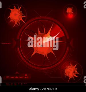 Maladie du coronavirus infection COVID-19 au microscope électronique abstrait. Détection médicale d'un concept de virus. Éléments hud futuristes, vecteur Ill Illustration de Vecteur
