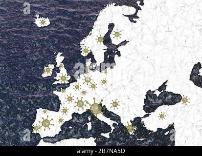 Carte de l'Europe montrant l'éclosion du virus corona covid-19 dans les styles sketch et kirlian aura Banque D'Images