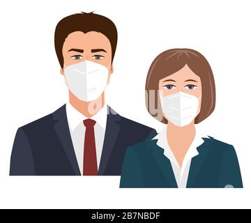Femme d'affaires et homme avec masques médicaux. Concept de santé lors d'une épidémie de grippe ou de coronavirus. Illustration vectorielle de style plat isolée sur Illustration de Vecteur
