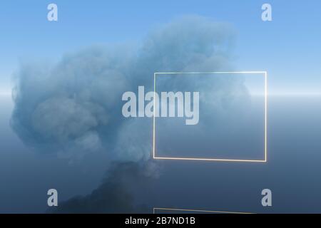 Nuages sombres et figure géométrique avec arrière-plan bleu, rendu 3d. Dessin numérique informatique. Banque D'Images