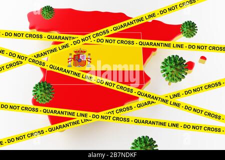 Coronavirus en Espagne. Carte isométrique de l'Espagne avec pays de régions. Hologramme de molécules de bactéries coronavirus COVID-2019. Éclosion de coronavirus. rendu tridimensionnel Banque D'Images