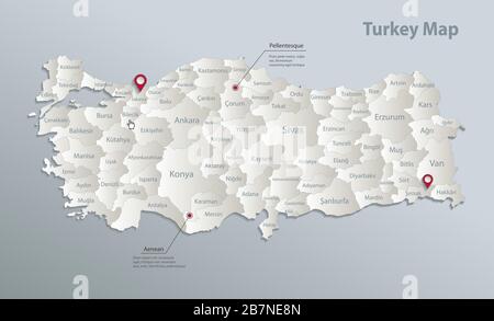 Carte de la Turquie, division administrative avec des noms, carte bleue blanc papier vecteur tridimensionnel Illustration de Vecteur