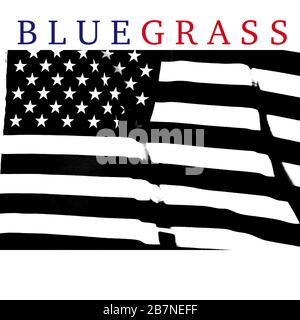 Drapeau américain noir et blanc avec le mot Bluegrass en lettres bleues et rouges Banque D'Images